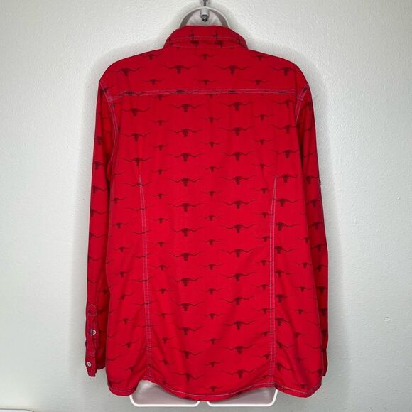 Barn Fly Red Steer Bull Print Long Sleeve Roll Tab Button Front Shirt Women XL - Picture 7 of 13